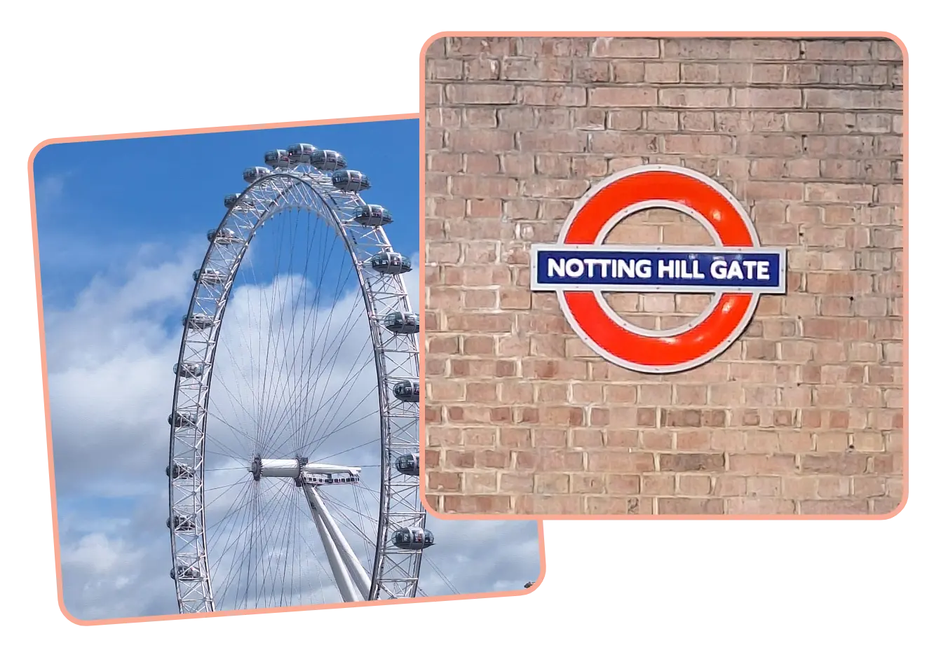 Zbliżenie na koło widokowe London Eye oraz słynny znak stacji metra Notting Hill Gate podczas wycieczki do Londynu dla kobiet.